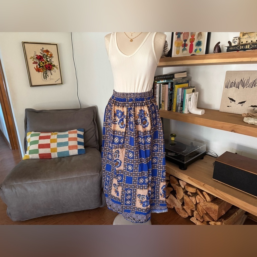 Vintage 70’s Blue and Tan Patterned Maxi Boho Hippie Women's Skirt